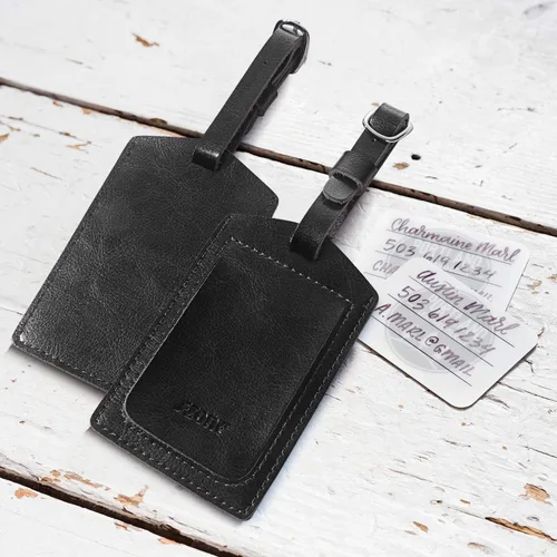 Vista 5 de S-ZONE Etiqueta de identificación de etiquetas de equipaje de cuero para maletas, mochila de 2 piezas, conjunto Negro