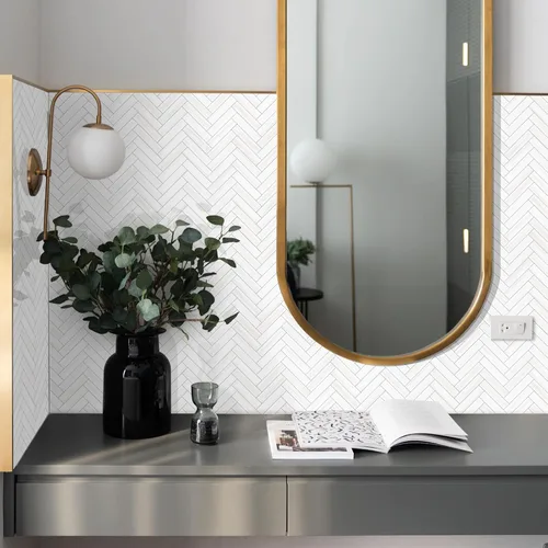 Vista 4 de Vamos Tile Azulejo Blanco Brillante de Dolomita Despegar y Pegar para Salpicaderas - 10 Hojas Azulejos de PVC Autoadhesivos en Espiga para Pegar