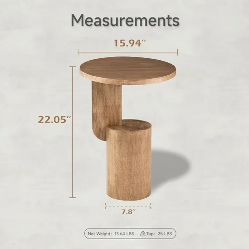 Vista 9 de COZAYH Farmhouse - Mesa alta para bebidas con base de diseño geométrico, natural Mesa auxiliar minimalista moderna redonda de madera en forma de C