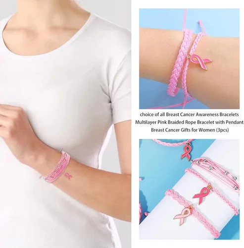 Vista 4 de Long tiantian Breast Cancer Bracelets Gifts for Woman Breast Cancer Awareness Accessories Pink Braided Rope Bracelet Natural Stone Bead Ribbon Charm