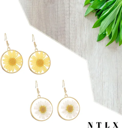 Vista 5 de Aretes colgantes bohemios bohemios para mujer, joyería de margarita natural real, delicados, hechos a mano, simples, chapados en oro, con caja