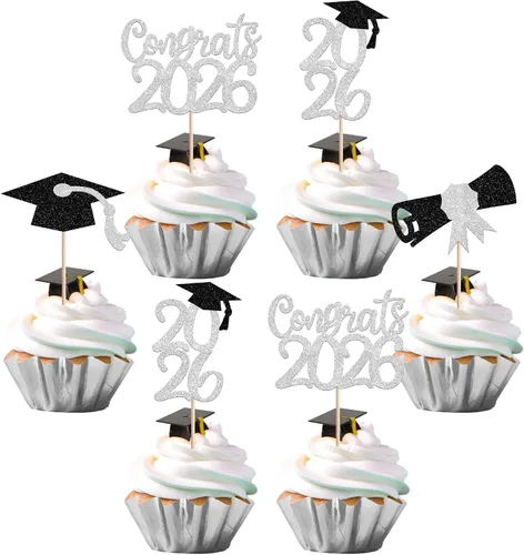 Vista 37 de 30 piezas de decoración para cupcakes de graduación para la clase de 2026 con purpurina brillante para el futuro diploma hecho 2026 Felicidades