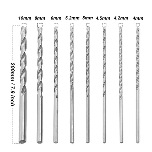 Vista 2 de Juego de 8 brocas helicoidales de 7.874 in extra largas HSS Twist Bits redondos rectos, herramientas de trabajo de madera para madera, plástico