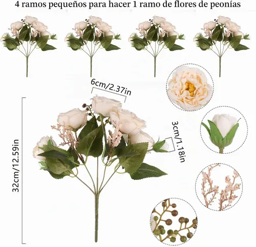 Vista 6 de Flores artificiales de seda, ramo de peonías sintéticas beige, 4 paquetes de arreglos florales para decoración de casa de campo, centro de mesa