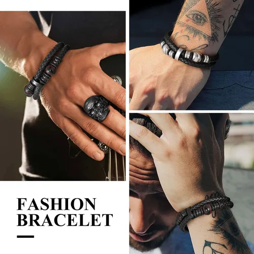 Vista 4 de Bestyle Mens Leather Bracelet with Stainless Steel BaseballSoccer Bead Bracelets for Men,Fashion Leather Bracelets for Men, Size 7.58.3Inch