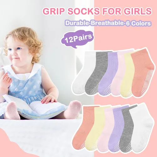 Vista 6 de Tphon Calcetines para niños pequeños, calcetines antideslizantes para niños y niñas, 12 pares de calcetines para niños de 6 meses a 10 años