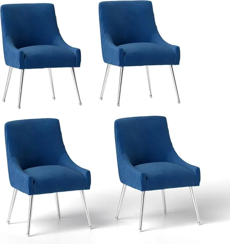 Vista 26 de Sillas de comedor de estilo moderno de terciopelo tapizado, silla de acento de tocador con barra vertical, silla capitonada con patas plateadas