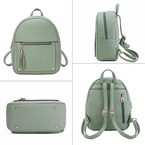 Vista 7 de Mini mochila antirrobo para mujer, bonita mochila escolar para adolescentes y niñas con cremallera segura y borla, forro polar verde con licencia