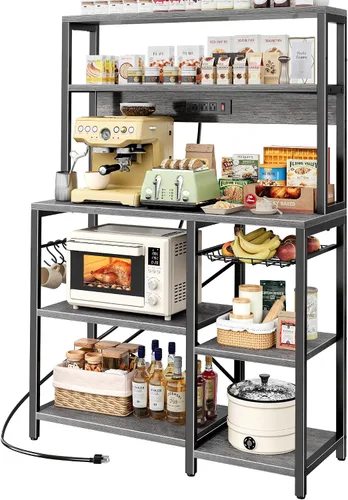 Vista 9 de SUPERJARE Estante de panadería con toma de corriente, barra de café de 35.4 pulgadas con canasta de alambre, soporte para microondas de cocina con 6