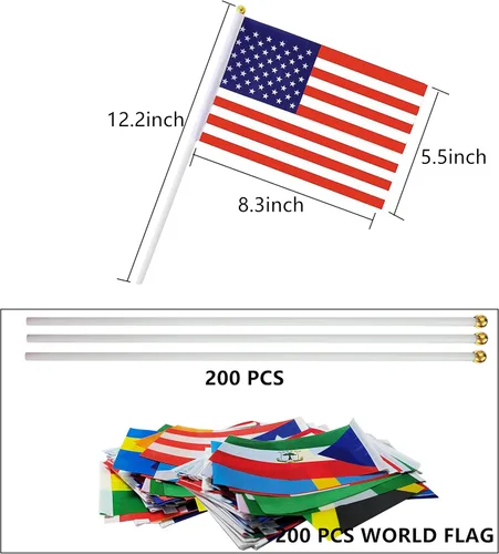 Vista 6 de Banderas de mano de 200 países en palo, pequeñas mini banderas internacionales de países del mundo de 5 x 8 pulgadas, bandera de países del mundo