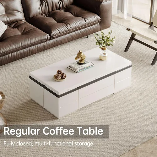 Vista 4 de Guyii Mesa auxiliar elevable de 47 pulgadas con taburetes de almacenamiento, mesas de café blanco 3 en 1, mesa de sala de estar con ruedas para sala