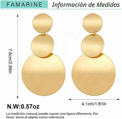 Vista 6 de FAMARINE Pendientes colgantes de disco dorado y plata para mujer