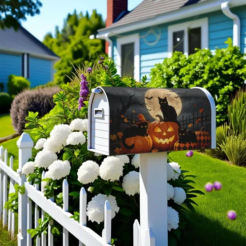 Vista 8 de Halloween Pumpkin Black Cat Mailbox Covers Magnetic Standard Size 18 X 21 Fall Maple leaves Spooky Themed Holiday Decorations Mailbox Wrap Post