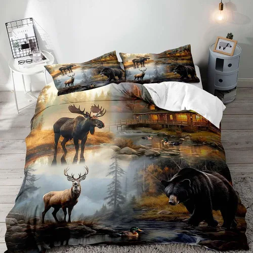Vista 12 de LUVIVIHOME 2 piezas de funda de edredón con diseño de osos, alces y ciervos en negro, juego de cama individual, ropa de cama rústica de estilo La