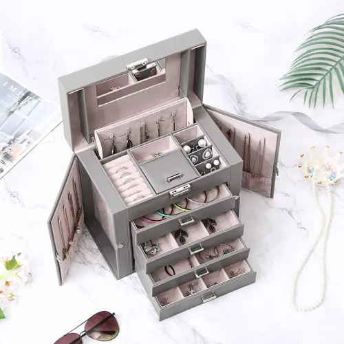 Vista 4 de BEWISHOME Joyero organizador de caja de joyería con cajones caja organizadora de collares regalo ideal para mujeres y niñas con espejo de cerradura