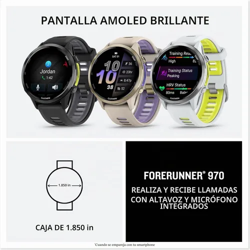 Vista 8 de Garmin® Forerunner® 970, Reloj inteligente premium para correr y triatlón con GPS, pantalla AMOLED, linterna LED incorporada, titanio DLC gris