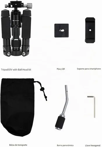 Vista 4 de Trípode de 50 V de perfil bajo para cámara y iPhone, trípode compacto de mesa y viaje con mango de aluminio, compatible con teléfonos inteligentes