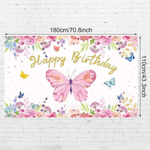 Vista 2 de Tatuo Telón de fondo de mariposa de feliz cumpleaños de 6 x 4 pies, decoración de fiesta de cumpleaños de mariposa rosa para niñas y mujeres