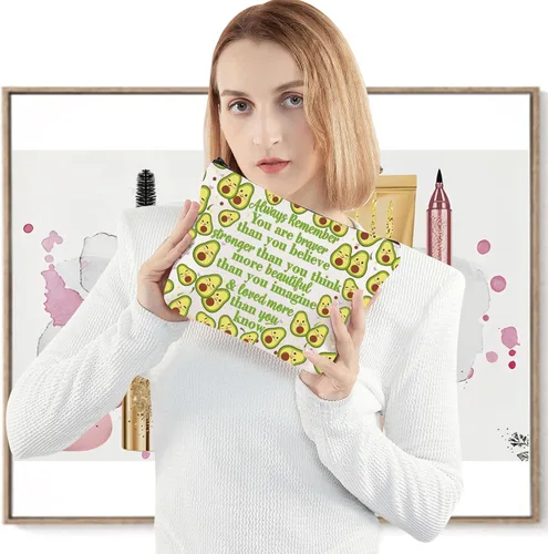 Vista 4 de LEVLO Divertida bolsa de maquillaje con diseño de aguacate, regalo inspirado en los amantes del aguacate, con texto en inglés "You Are Braver