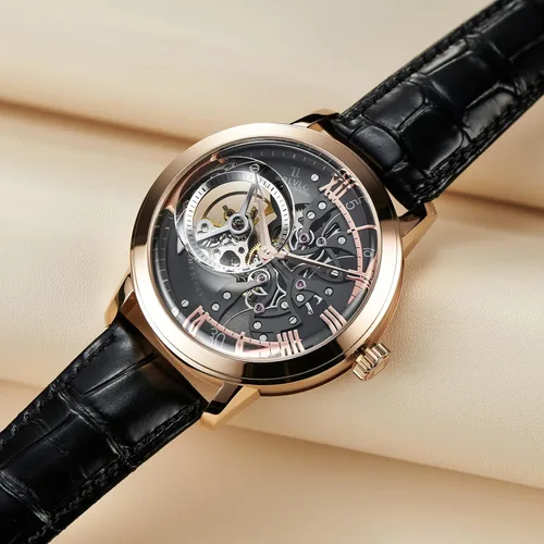 Vista 8 de OBLVLO Relojes de lujo de oro rosa para hombre esfera de esqueleto relojes automáticos correa de cuero VM-1