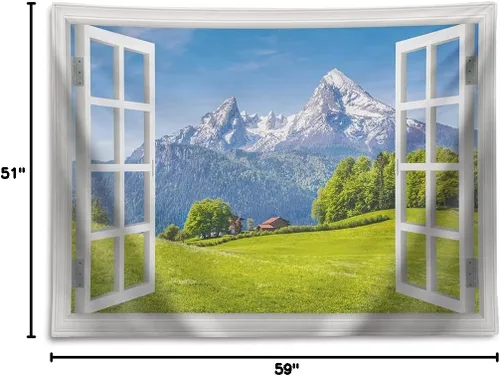 Vista 6 de Tapiz de naturaleza, montañas majestuosas en la temporada de primavera con cielo de hierba fresca y paisaje de cabaña de campo, vista de ventana
