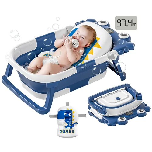 Vista 12 de Bañera plegable para bebés desde recién nacidos hasta niños pequeños con monitor de temperatura en tiempo real + cojín flotante, juego de bañera