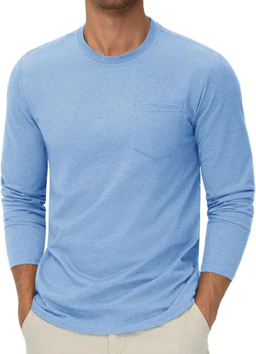 Vista 21 de Cotrasen Camisetas de manga larga para hombre, de algodón, cuello redondo, absorben la humedad, suaves, casuales, con bolsillo