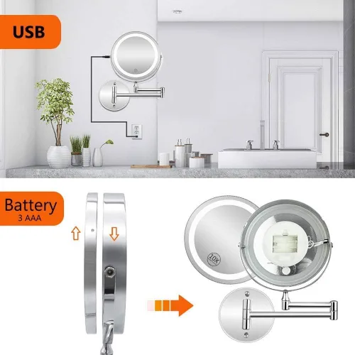 Vista 4 de Espejo de maquillaje, espejo de maquillaje, 10 luces LED, espejo de maquillaje montado en la pared con luces regulables, aumento recargable, espejo