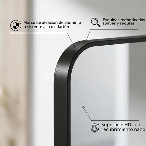 Vista 2 de Koonmi - Espejo de baño, espejo rectangular de pared de 26x38 pulgadas con acabado negro cepillado, vidrio templado HD, marco antióxido para Borde