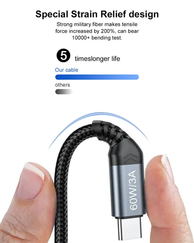 Vista 4 de Cable USB C a USB C de 20 pies (solo carga), cable de carga tipo C extra largo de 20 pies, cable de alimentación de carga rápida trenzado de nailon