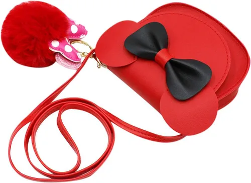 Vista 2 de JUMISEE Bolso cruzado con lazo para niñas pequeñas, diseño de ratón, con pompones