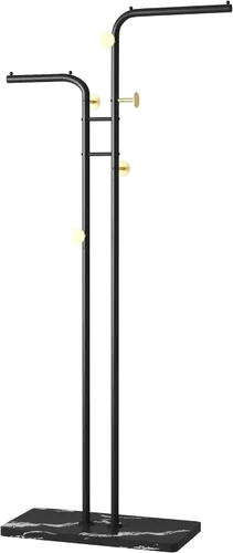 Vista 7 de HOMEFORT Perchero de Abrigos, Percheros de Metal Independientes, Soporte de Ropa y Sombreros de Doble Poste con 5 Ganchos para Closet, Dormitorio