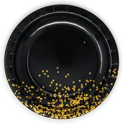 Vista 6 de Platos negros de papel negro de 9 pulgadas, 50 unidades, platos de papel negro y dorado para fiesta, 21 cumpleaños, graduación, Año Nuevo