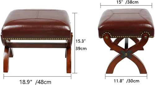 Vista 3 de Reposapiés de cuero, otomano de madera, asiento rústico para pies, reposapiés de madera, reposapiés rectangular pequeño otomano para sala de estar