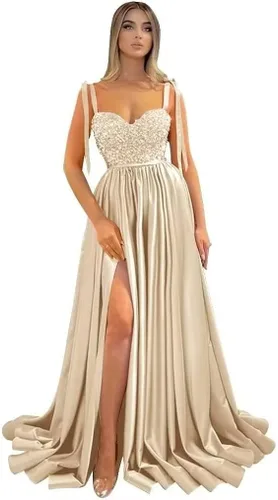 Vista 2 de Vestido de fiesta de lentejuelas brillantes con abertura y tirantes delgados, vestido de noche formal para boda, dama de honor con bolsillos