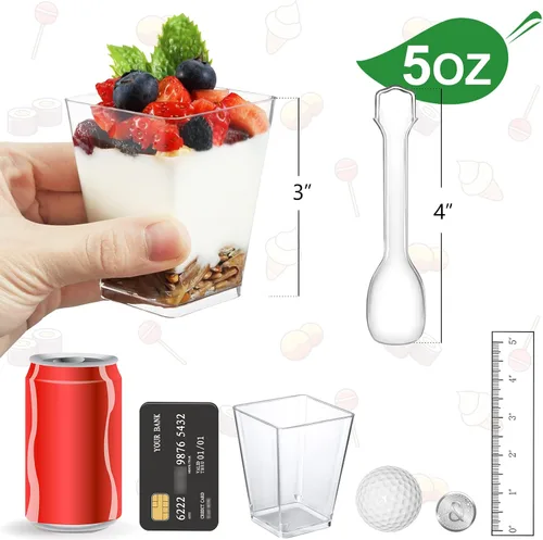 Vista 2 de Eupako Paquete de 125 mini tazas de postre de plástico de 5 onzas con cucharas, tazas pequeñas transparentes para parfait, tazas cuadradas