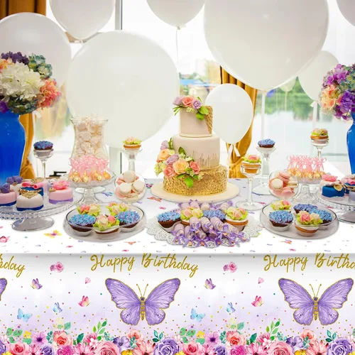 Vista 6 de Tegeme Mantel rectangular con diseño de mariposas y feliz cumpleaños, decoración de fiesta de mariposa, mantel de plástico con temática de primavera