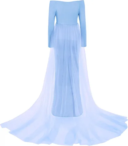 Vista 4 de Vestido de maternidad de manga larga con hombros descubiertos para mujer, de tul elegante, ajustado, para baby shower, fotografía, maxi vestido