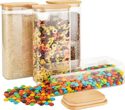 Vista 10 de D2scrma Contenedores herméticos rectangulares de vidrio de 37 onzas con tapas de bambú (juego de 4), tarro cuadrado de almacenamiento de alimentos