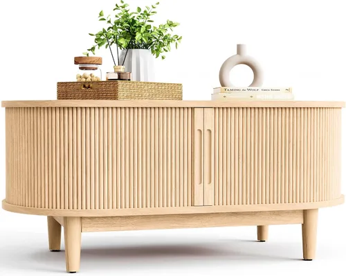 Vista 10 de LINSY HOME - Mesa de centro redonda, mesa de centro de 31.5" con puerta de tambor deslizante, mesa auxiliar acampanada con almacenamiento, mesa