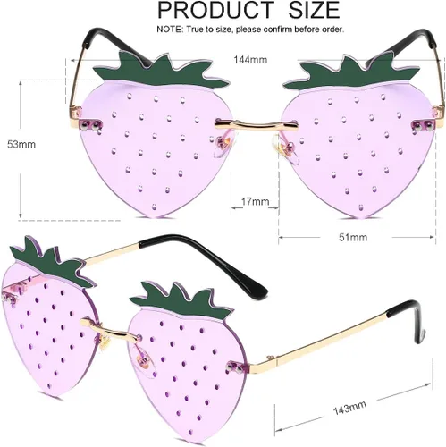 Vista 4 de JOVAKIT Gafas de sol con forma de fresa para mujeres y hombres, gafas de sol retro sin montura para fiesta rave, gafas de Halloween (doradomorado)