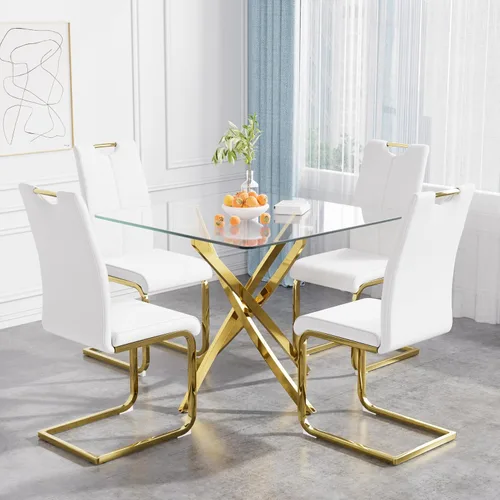 Vista 31 de Juego de mesa de comedor de 36 pulgadas para 4, moderna parte superior cuadrada de vidrio templado, mesa de patas de acero inoxidable con acabado