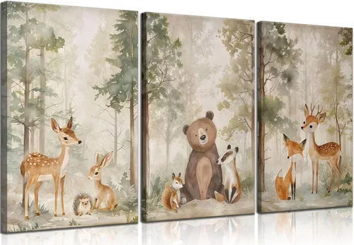 Vista 7 de MIZILI Lienzo de animales del bosque para cuarto de bebé, arte de pared, pinturas de animales salvajes, acuarela, decoración de pared, oso zorro