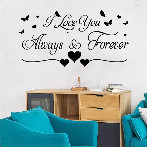 Vista 3 de Calcomanías de pared con texto en inglés "I Love You Always & Forever", calcomanías de pared románticas de mariposas y corazones, murales de vinilo