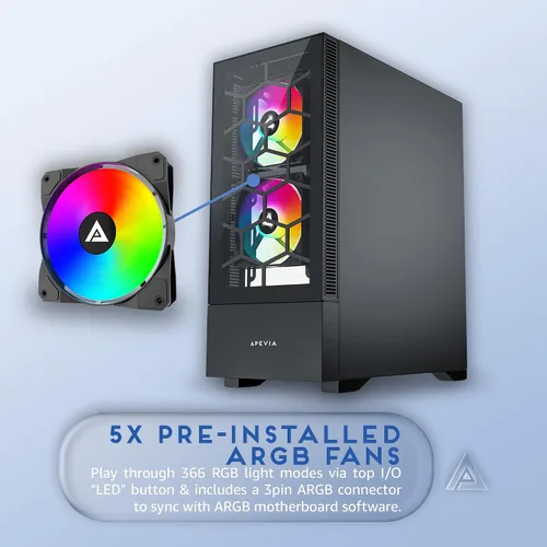 Vista 3 de Apevia Eclipse-BK Eclipse Carcasa de PC de Torre Media para Juegos con 5 Ventiladores ARGB de 120mm, 366 Modos de Luz RGB, Diseño Minimalista
