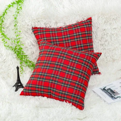 Vista 2 de Paquete de 2 fundas de almohada de cuadros rojos para decoración navideña, fundas de almohada a cuadros de búfalo, fundas de almohada de tartán