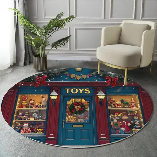 Vista 4 de Christmas Round Rug 6Ft Christmas Toy Window Display Washable Round Area Rug for Living Room Retro Theme Non Slip Soft Faux Wool Carpet Navy Blue