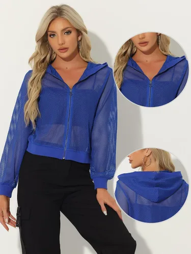 Vista 2 de Allegra K Chaqueta con capucha para mujer 2023 con cremallera y manga larga de malla transparente