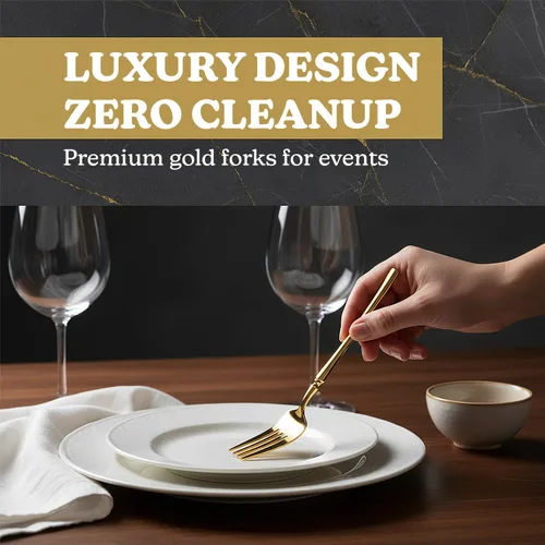 Vista 2 de Blue Sky Infinity Flatware Gold - Tenedores desechables para cena, 32 unidades, lujosos cubiertos de plástico prémium para eventos y reuniones