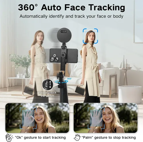 Vista 2 de Trípode de seguimiento automático de cara de 70.9 pulgadas para iPhone con luz, rotación de 360 grados que sigue tu movimiento, trípode de teléfono